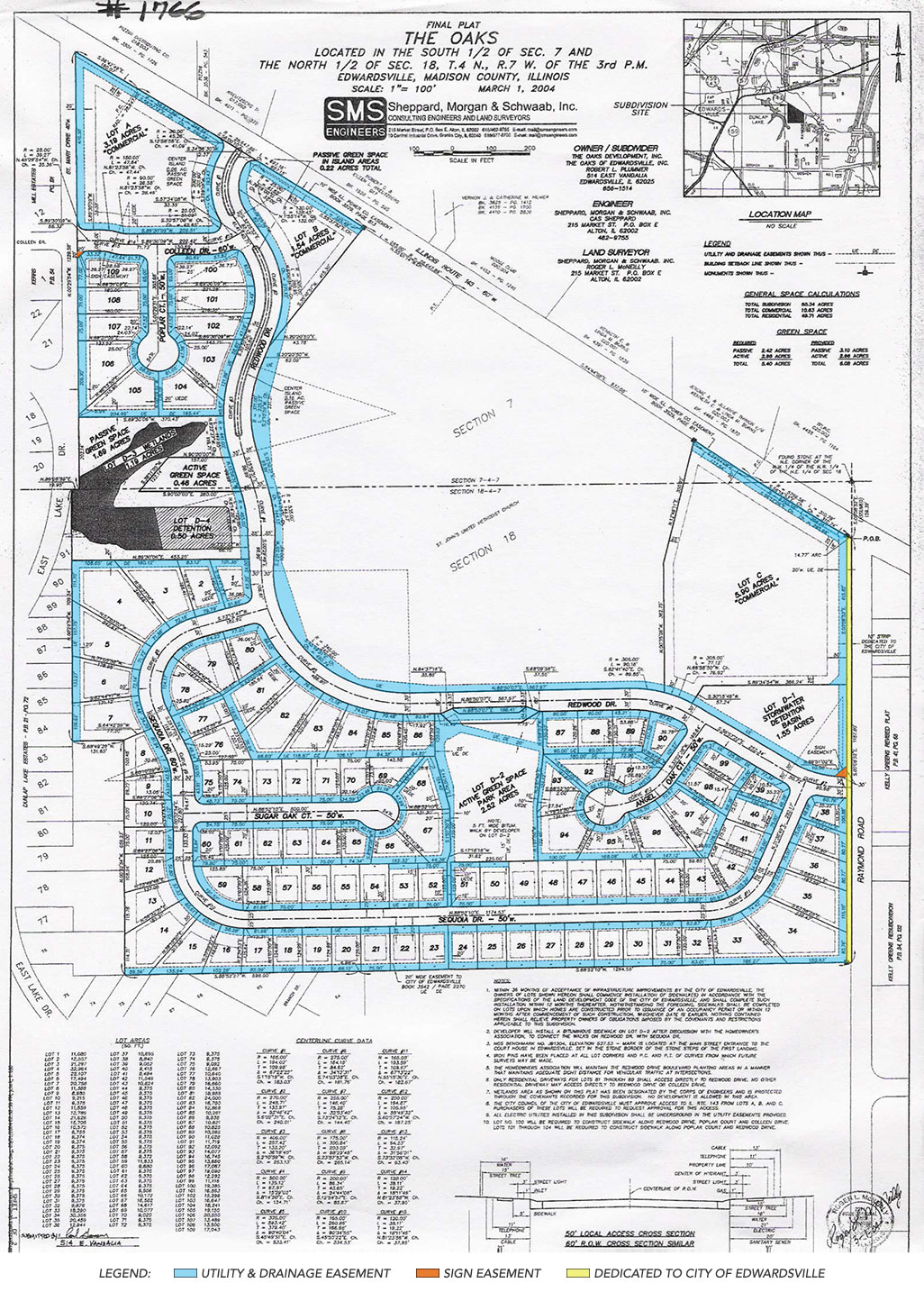 Plat Map of The Oaks with Highlighted Easements